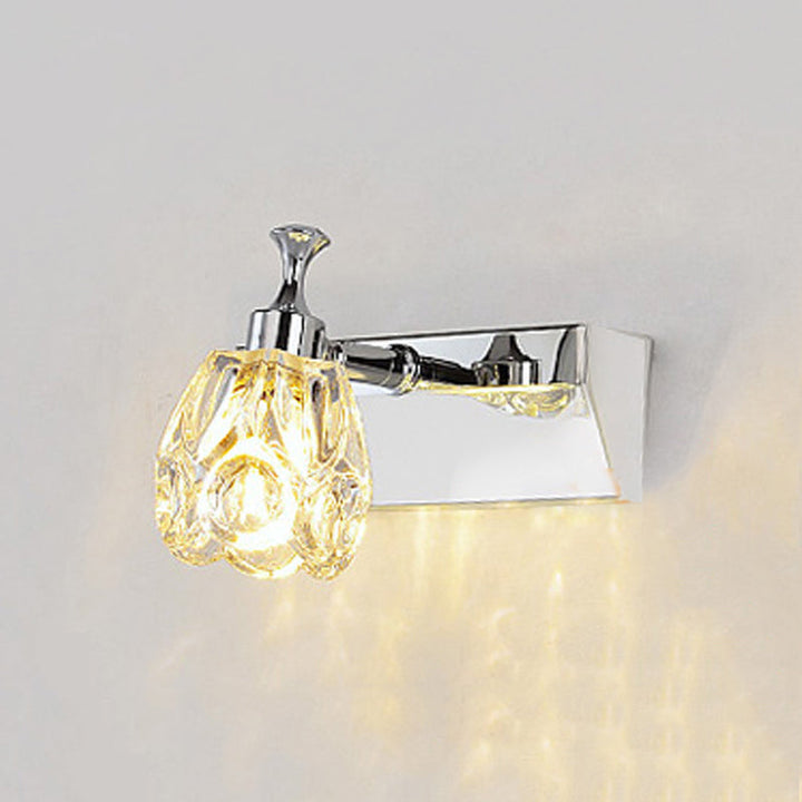 Lisslune | Chrome 1/2/3-Light Vanity Light Fixture Minimal Faceted Crystal Flower Wall Lamp in Warm/White Light