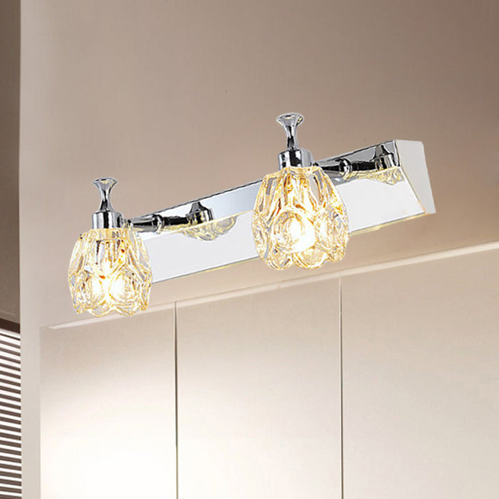 Lisslune | Chrome 1/2/3-Light Vanity Light Fixture Minimal Faceted Crystal Flower Wall Lamp in Warm/White Light