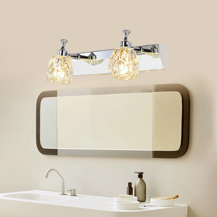 Lisslune | Chrome 1/2/3-Light Vanity Light Fixture Minimal Faceted Crystal Flower Wall Lamp in Warm/White Light