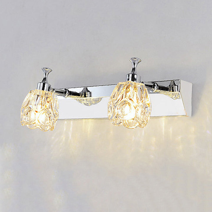 Lisslune | Chrome 1/2/3-Light Vanity Light Fixture Minimal Faceted Crystal Flower Wall Lamp in Warm/White Light