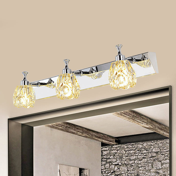 Lisslune | Chrome 1/2/3-Light Vanity Light Fixture Minimal Faceted Crystal Flower Wall Lamp in Warm/White Light