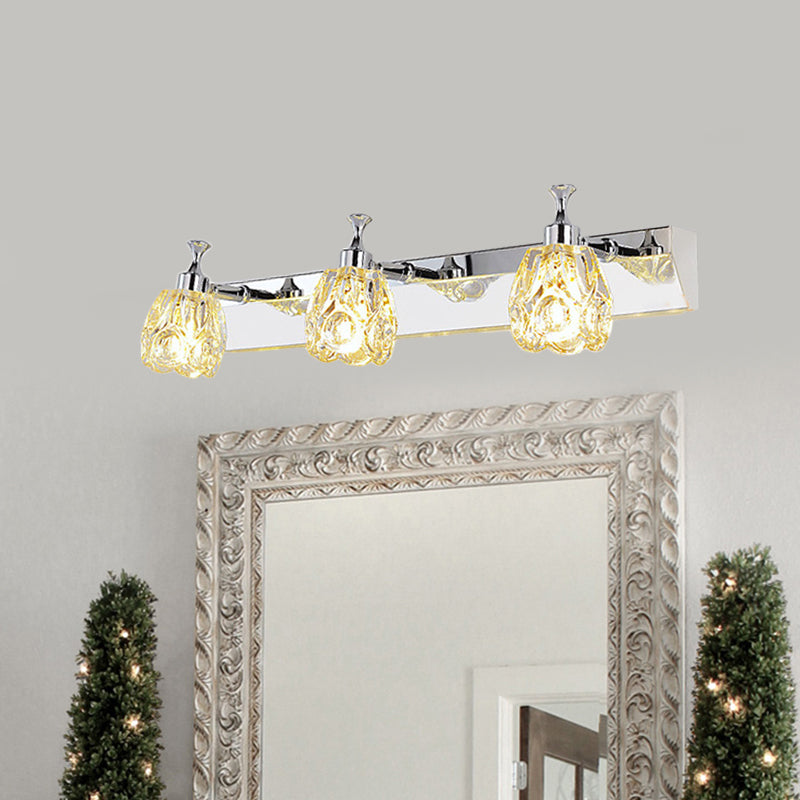 Lisslune | Chrome 1/2/3-Light Vanity Light Fixture Minimal Faceted Crystal Flower Wall Lamp in Warm/White Light