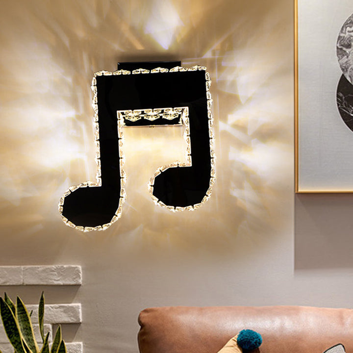 Lisslune | LED Wall Mount Lamp Minimalist Music Note Shape Facet Crystal Wall Lighting Fixture in Black