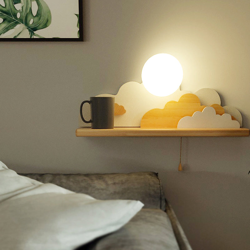 Skørter | Modern Cloud Wood Wall Light 1 Light Wall Mounted Fixture in Blue/White/Grey with Round Glass Shade and On/Off Pull Chain