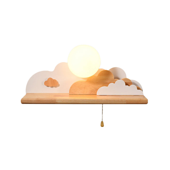 Skørter | Modern Cloud Wood Wall Light 1 Light Wall Mounted Fixture in Blue/White/Grey with Round Glass Shade and On/Off Pull Chain