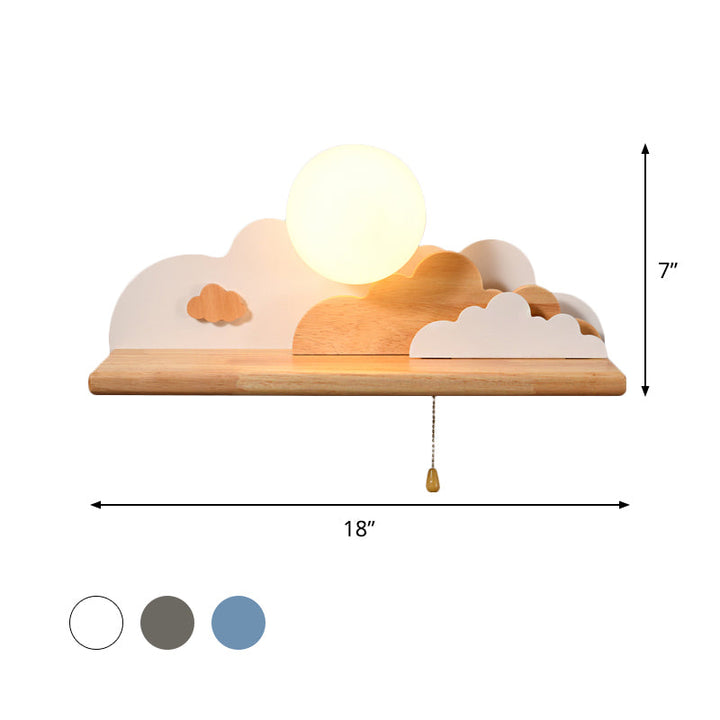 Skørter | Modern Cloud Wood Wall Light 1 Light Wall Mounted Fixture in Blue/White/Grey with Round Glass Shade and On/Off Pull Chain