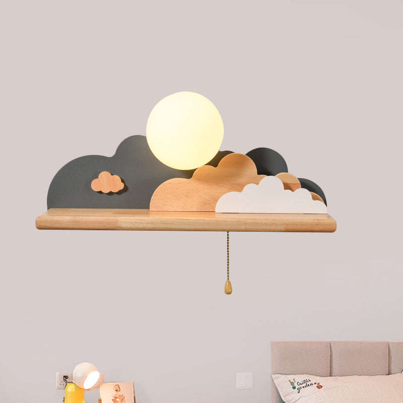 Skørter | Modern Cloud Wood Wall Light 1 Light Wall Mounted Fixture in Blue/White/Grey with Round Glass Shade and On/Off Pull Chain