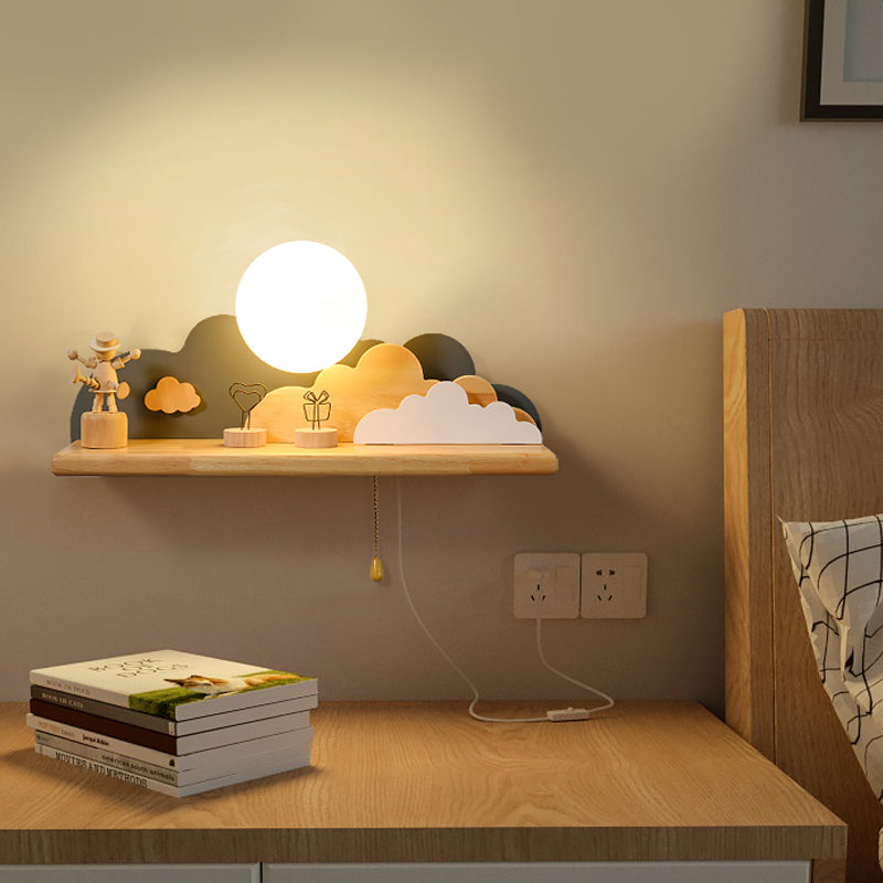Skørter | Modern Cloud Wood Wall Light 1 Light Wall Mounted Fixture in Blue/White/Grey with Round Glass Shade and On/Off Pull Chain