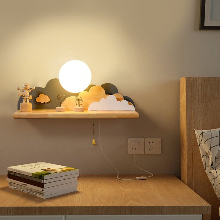 Skørter | Modern Cloud Wood Wall Light 1 Light Wall Mounted Fixture in Blue/White/Grey with Round Glass Shade and On/Off Pull Chain