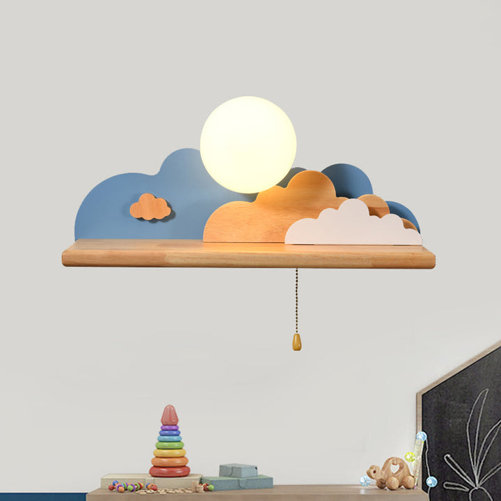 Skørter | Modern Cloud Wood Wall Light 1 Light Wall Mounted Fixture in Blue/White/Grey with Round Glass Shade and On/Off Pull Chain