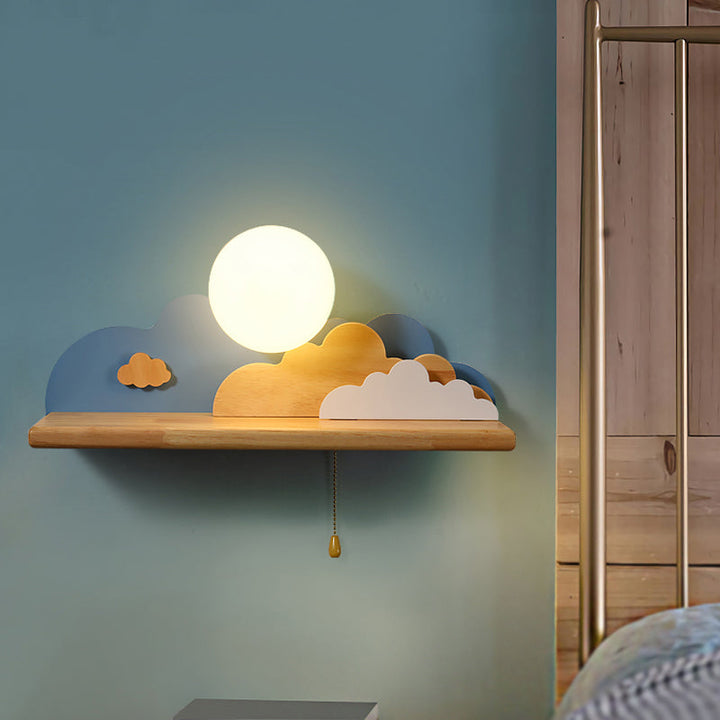 Skørter | Modern Cloud Wood Wall Light 1 Light Wall Mounted Fixture in Blue/White/Grey with Round Glass Shade and On/Off Pull Chain