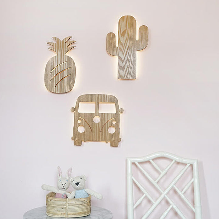 Skørter | Modern LED Wall Lamp with Wooden Shade Beige Car/Pineapple/Cactus Wall Mounted Light for Bedroom