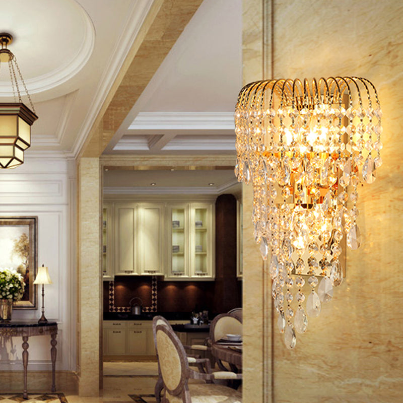 Skørter | Cascading Crystal Strand Wall Lamp Traditional 3 Lights Living Room Wall Light in Gold