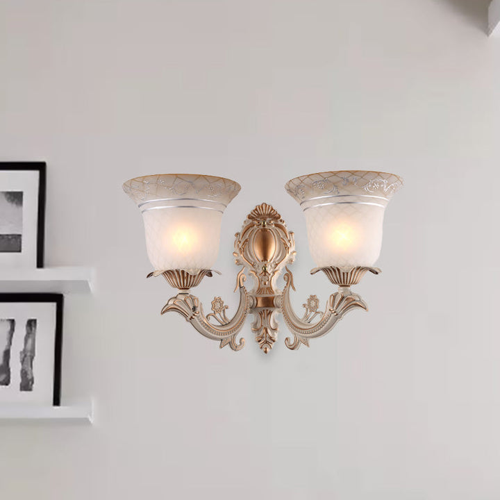 Skørter | Metal Beige Wall Light Fixture Curvy Arm 1/2-Light Antique Wall Lamp with Bell White Glass Shade