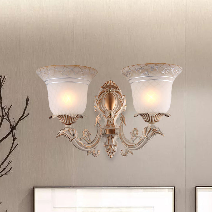 Skørter | Metal Beige Wall Light Fixture Curvy Arm 1/2-Light Antique Wall Lamp with Bell White Glass Shade