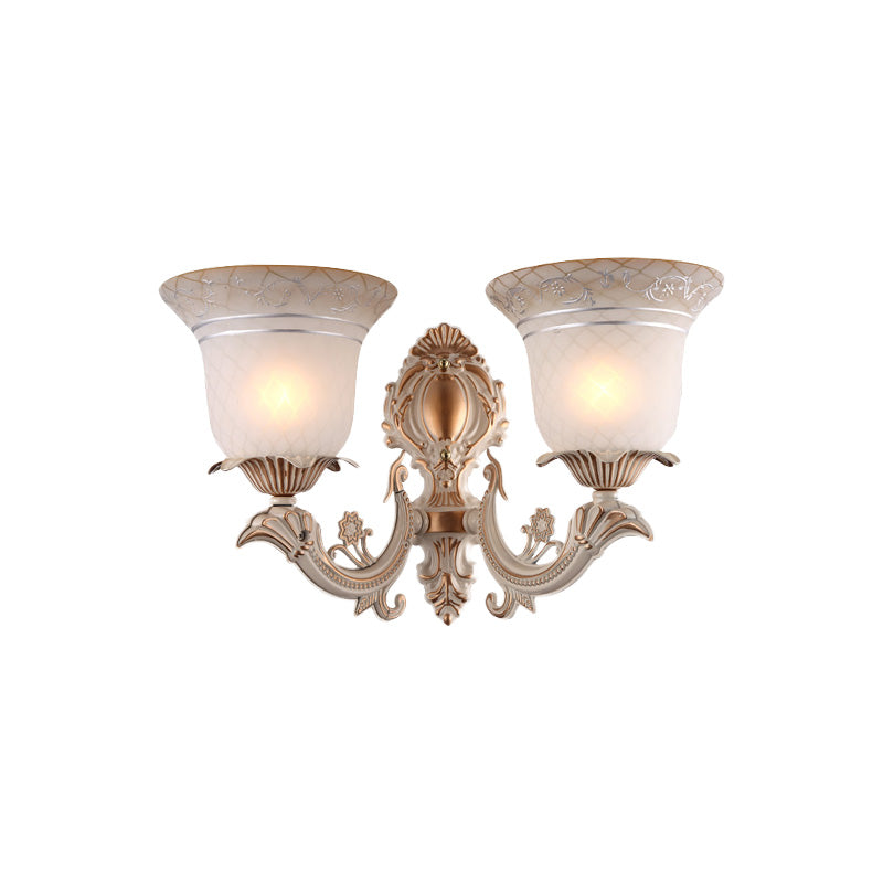 Skørter | Metal Beige Wall Light Fixture Curvy Arm 1/2-Light Antique Wall Lamp with Bell White Glass Shade