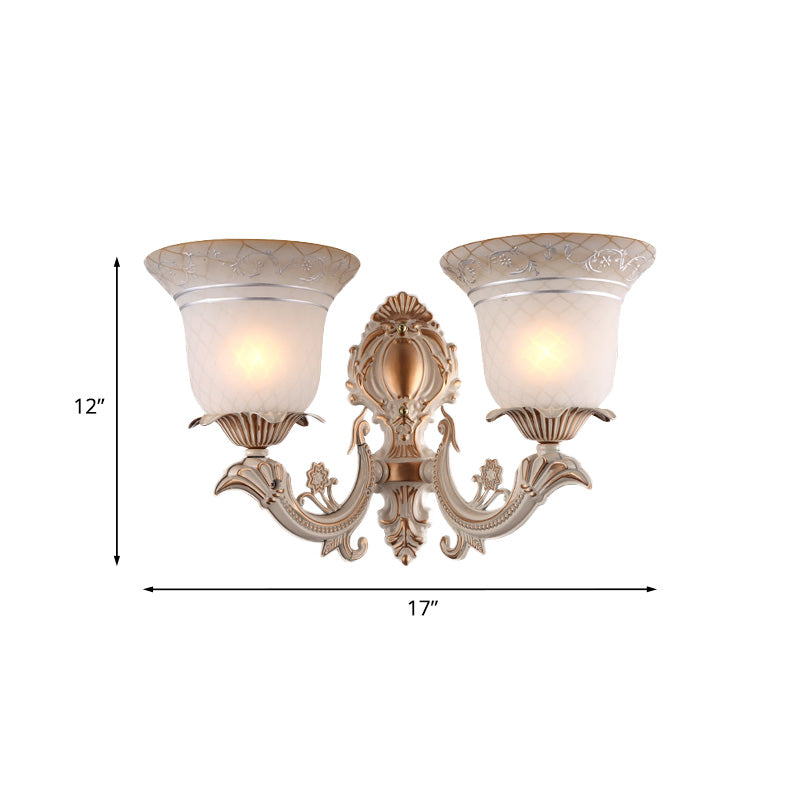 Skørter | Metal Beige Wall Light Fixture Curvy Arm 1/2-Light Antique Wall Lamp with Bell White Glass Shade