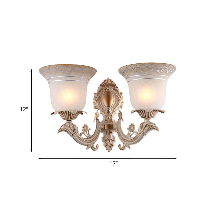 Skørter | Metal Beige Wall Light Fixture Curvy Arm 1/2-Light Antique Wall Lamp with Bell White Glass Shade