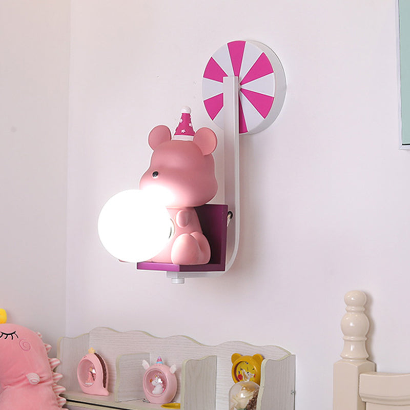 Skørter | Birthday Bear Holding A Ball Wall Lamp Cartoon Resin 1-Light Pink/Blue Wall Light with Milk Glass Shade