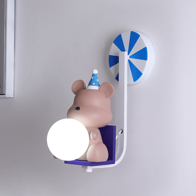 Skørter | Birthday Bear Holding A Ball Wall Lamp Cartoon Resin 1-Light Pink/Blue Wall Light with Milk Glass Shade