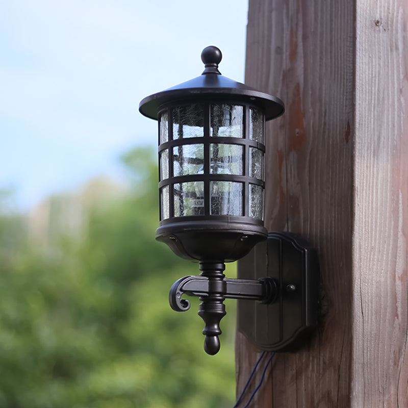 Skørter | 1-Light Wall Lighting Classic Lantern Clear Bubble/Broken Glass Wall Lamp in Dark Coffee for Courtyard