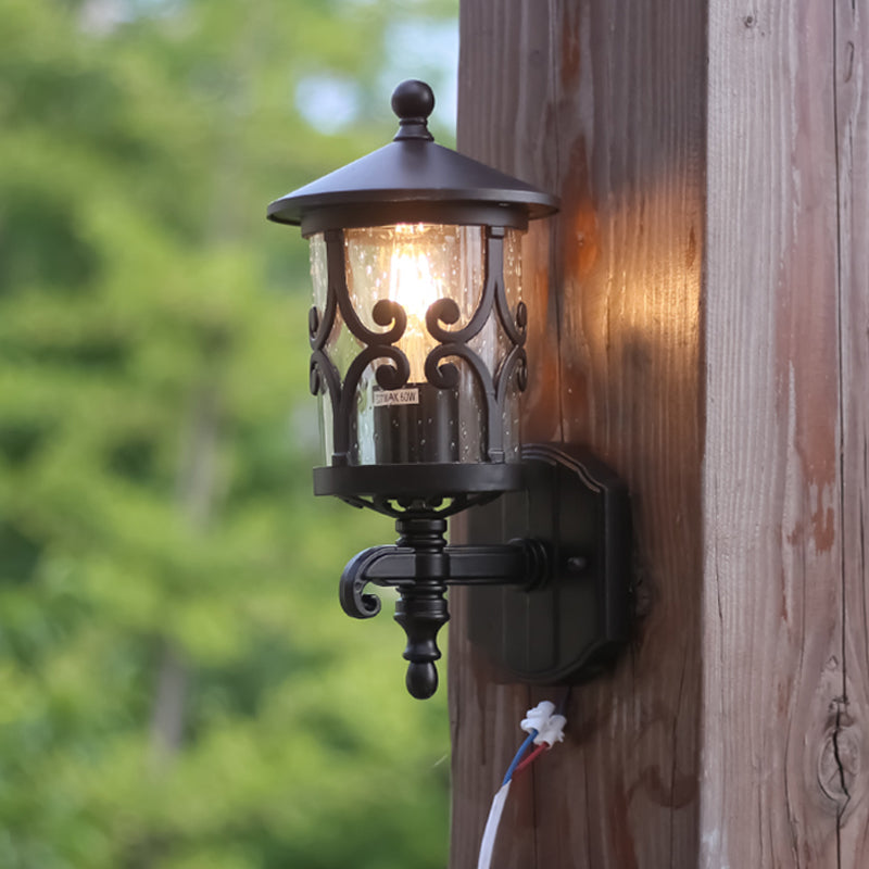Skørter | 1-Light Wall Lighting Classic Lantern Clear Bubble/Broken Glass Wall Lamp in Dark Coffee for Courtyard