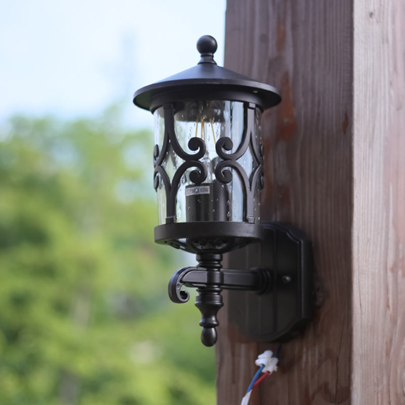 Skørter | 1-Light Wall Lighting Classic Lantern Clear Bubble/Broken Glass Wall Lamp in Dark Coffee for Courtyard