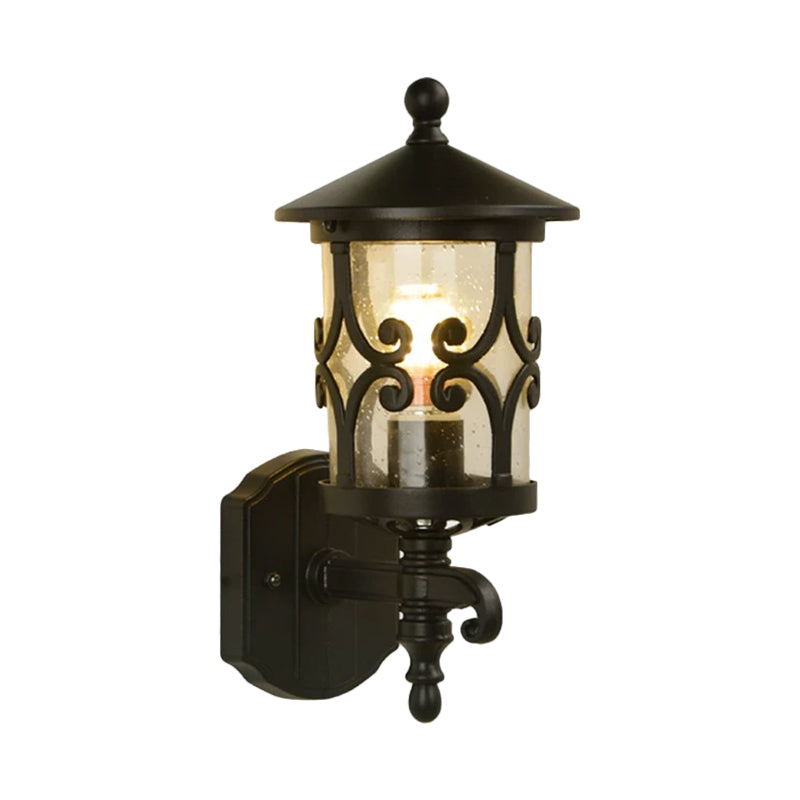 Skørter | 1-Light Wall Lighting Classic Lantern Clear Bubble/Broken Glass Wall Lamp in Dark Coffee for Courtyard