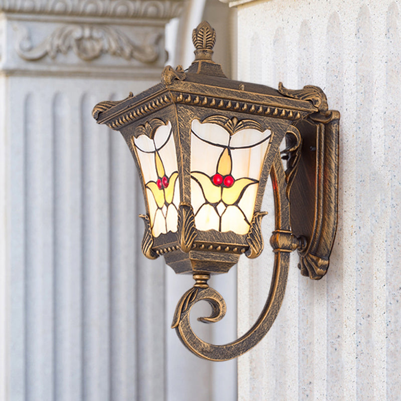 Skørter | Bronze/Rust Red Curved Arm Wall Mounted Light Country Metal 1 Light Courtyard Wall Washer Lighting with Floral Pattern