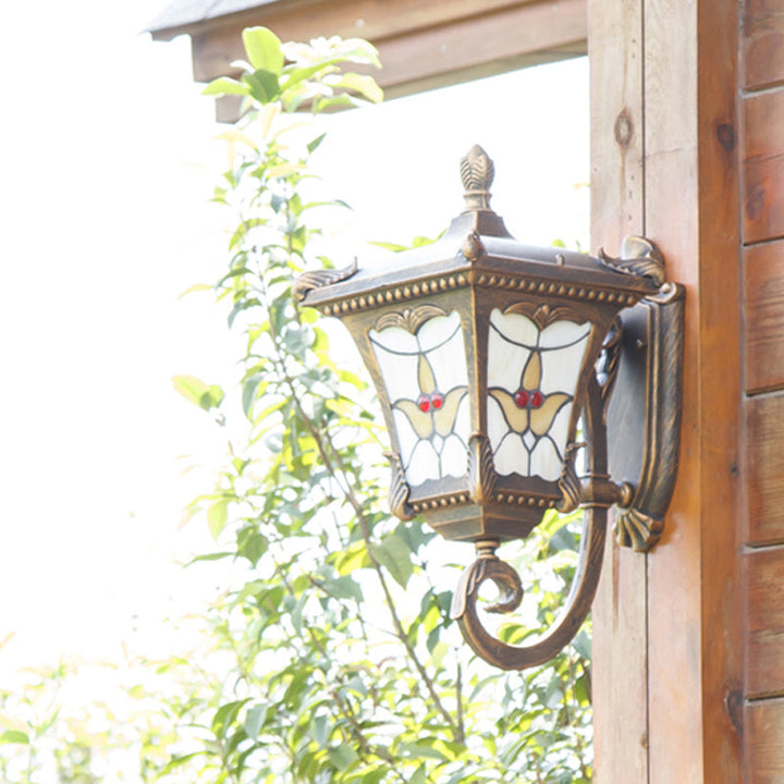 Skørter | Bronze/Rust Red Curved Arm Wall Mounted Light Country Metal 1 Light Courtyard Wall Washer Lighting with Floral Pattern