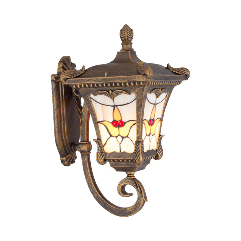 Skørter | Bronze/Rust Red Curved Arm Wall Mounted Light Country Metal 1 Light Courtyard Wall Washer Lighting with Floral Pattern