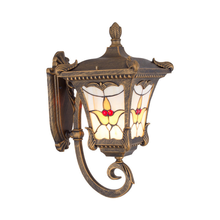 Skørter | Bronze/Rust Red Curved Arm Wall Mounted Light Country Metal 1 Light Courtyard Wall Washer Lighting with Floral Pattern