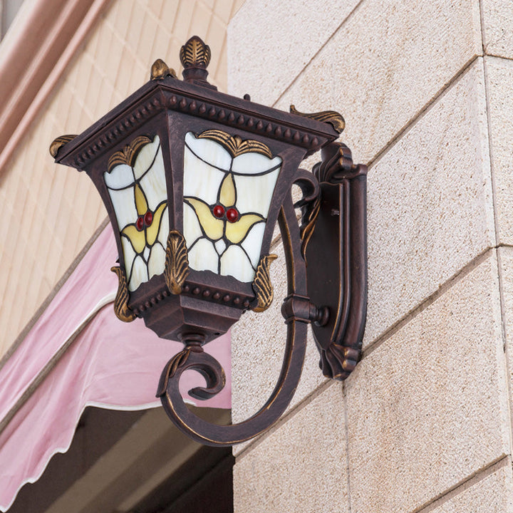 Skørter | Bronze/Rust Red Curved Arm Wall Mounted Light Country Metal 1 Light Courtyard Wall Washer Lighting with Floral Pattern