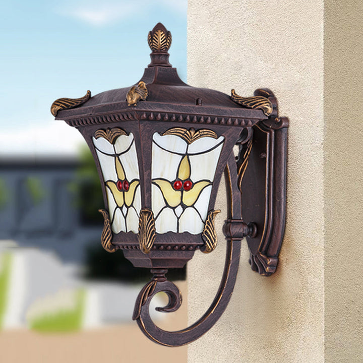 Skørter | Bronze/Rust Red Curved Arm Wall Mounted Light Country Metal 1 Light Courtyard Wall Washer Lighting with Floral Pattern