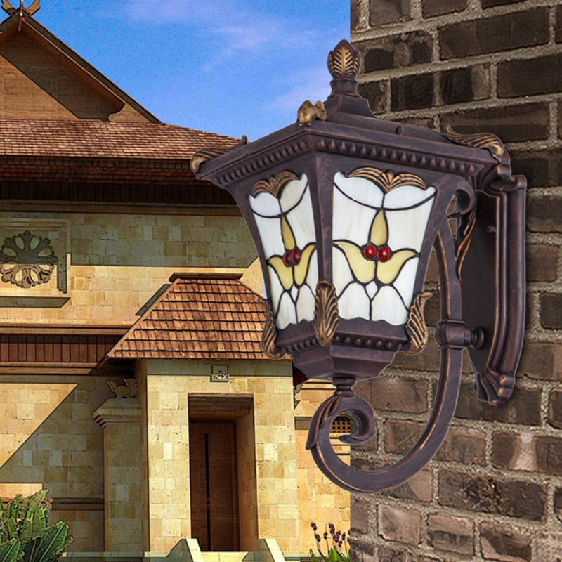Skørter | Bronze/Rust Red Curved Arm Wall Mounted Light Country Metal 1 Light Courtyard Wall Washer Lighting with Floral Pattern