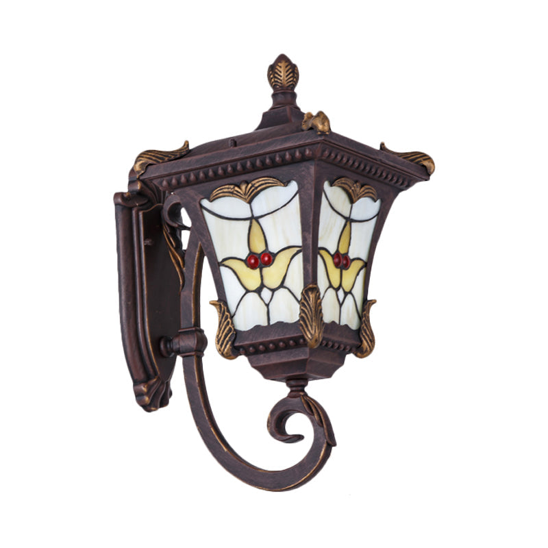 Skørter | Bronze/Rust Red Curved Arm Wall Mounted Light Country Metal 1 Light Courtyard Wall Washer Lighting with Floral Pattern