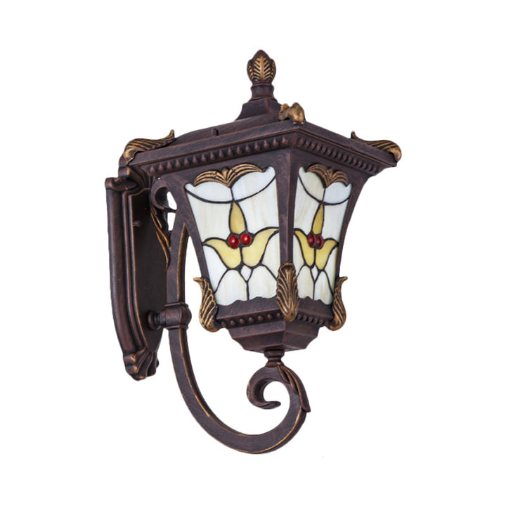 Skørter | Bronze/Rust Red Curved Arm Wall Mounted Light Country Metal 1 Light Courtyard Wall Washer Lighting with Floral Pattern