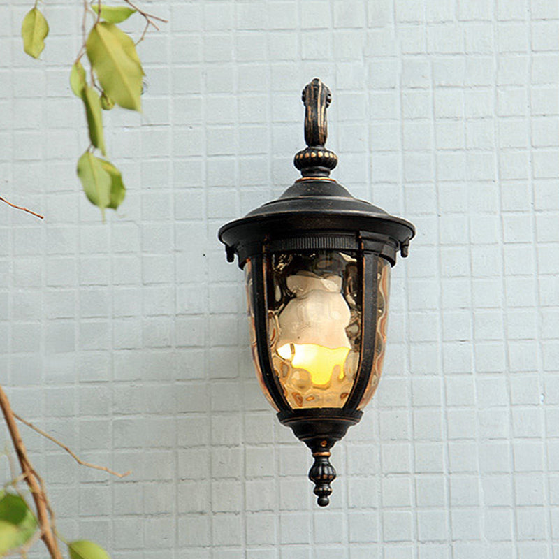 Skørter | Urn Clear Dimple Glass Wall Lamp Country House 1 Light Courtyard Wall Lighting in Black with Curved Arm
