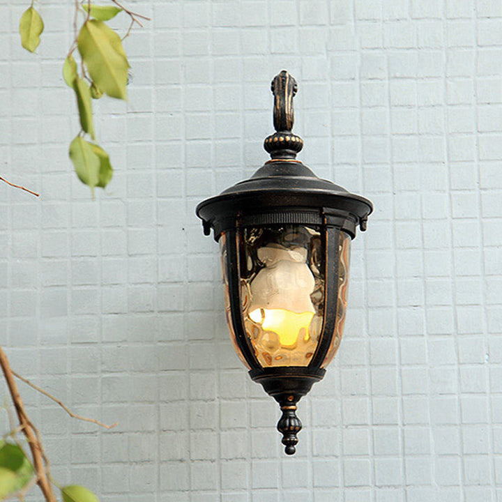 Skørter | Urn Clear Dimple Glass Wall Lamp Country House 1 Light Courtyard Wall Lighting in Black with Curved Arm