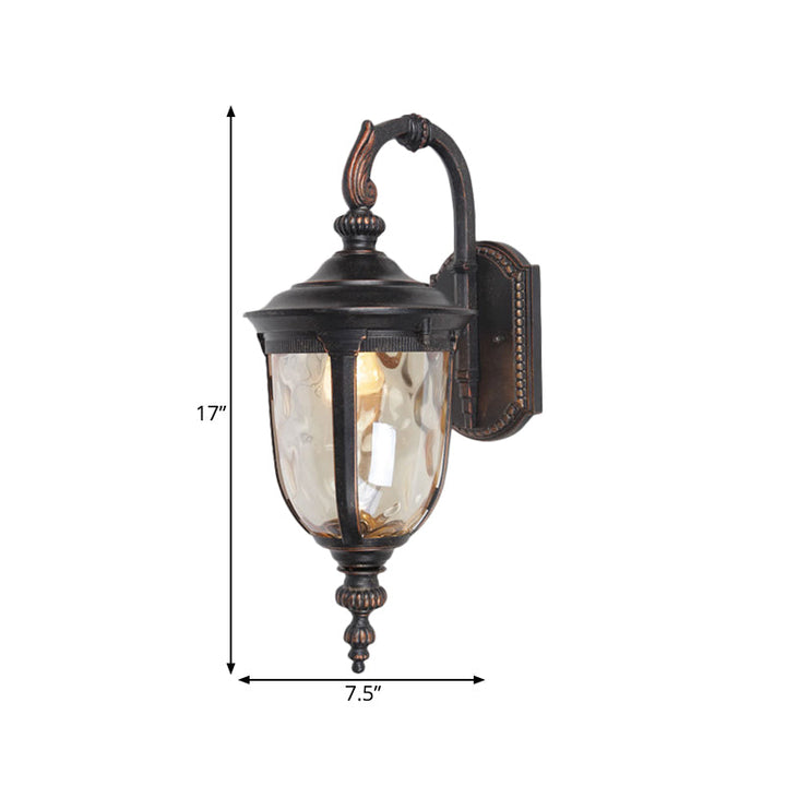 Skørter | Urn Clear Dimple Glass Wall Lamp Country House 1 Light Courtyard Wall Lighting in Black with Curved Arm
