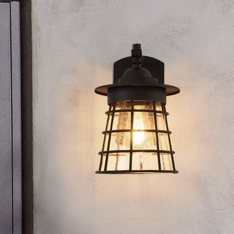 Skørter | Conical Wall Lantern Wall Switch Cottage Clear Glass Ribbed Glass 1 Light Black Finish Wall Mounted Lamp with Cage
