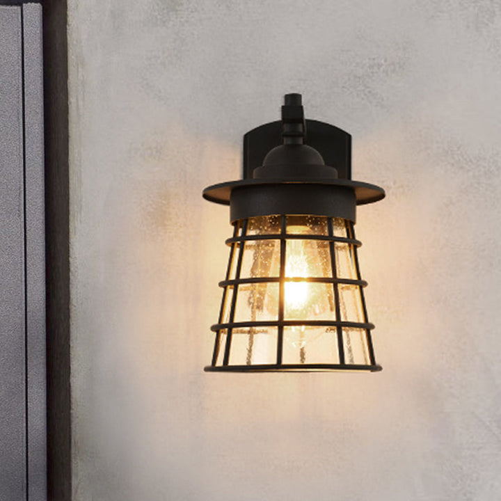 Skørter | Conical Wall Lantern Wall Switch Cottage Clear Glass Ribbed Glass 1 Light Black Finish Wall Mounted Lamp with Cage