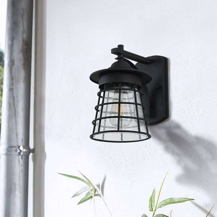Skørter | Conical Wall Lantern Wall Switch Cottage Clear Glass Ribbed Glass 1 Light Black Finish Wall Mounted Lamp with Cage