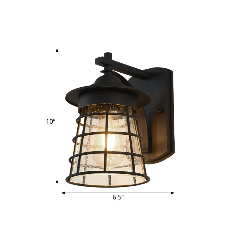 Skørter | Conical Wall Lantern Wall Switch Cottage Clear Glass Ribbed Glass 1 Light Black Finish Wall Mounted Lamp with Cage