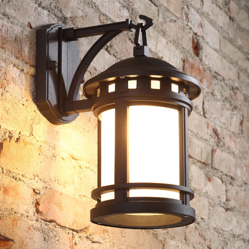 Skørter | Black/Coffee 1 Lamp Wall Mounted Lighting Country Style White Glass Cylinder Wall Lamp for Courtyard