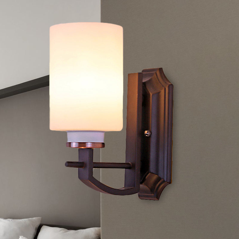 Skørter | Milky Glass Cylinder Wall Lamp Antique 1/2-Cap Living Room Wall Lighting Fixture in Black