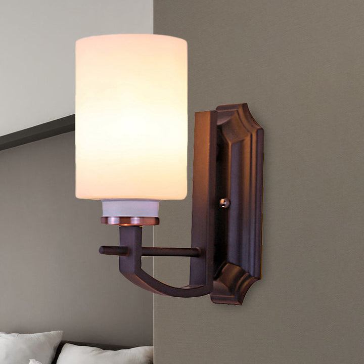 Skørter | Milky Glass Cylinder Wall Lamp Antique 1/2-Cap Living Room Wall Lighting Fixture in Black