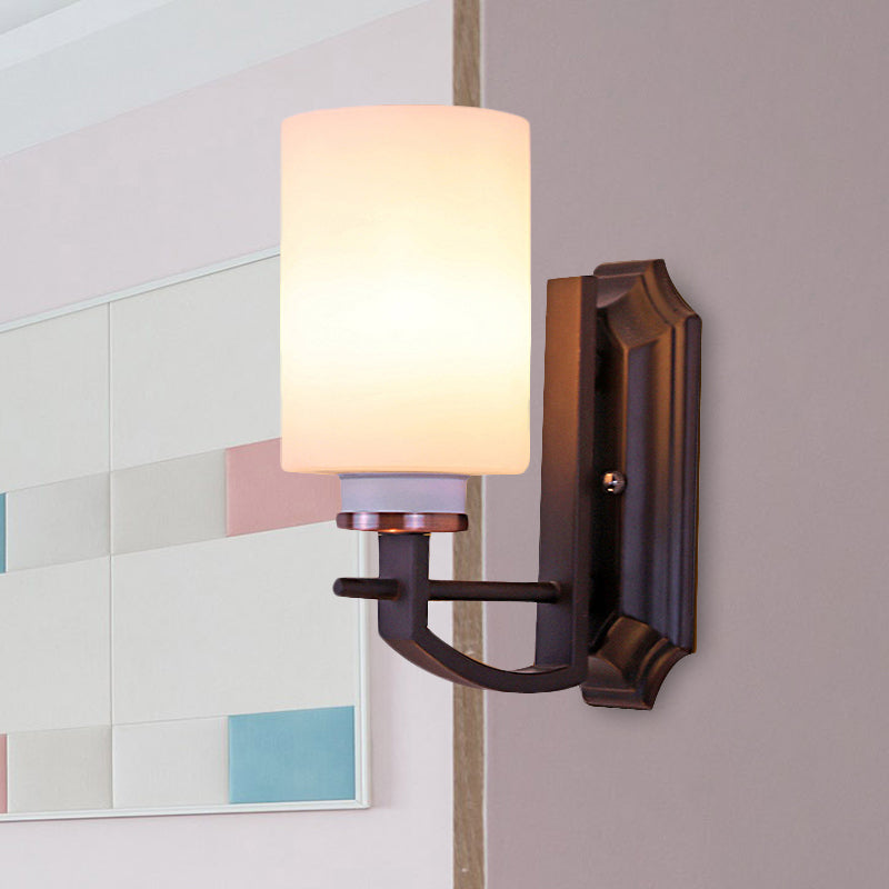 Skørter | Milky Glass Cylinder Wall Lamp Antique 1/2-Cap Living Room Wall Lighting Fixture in Black