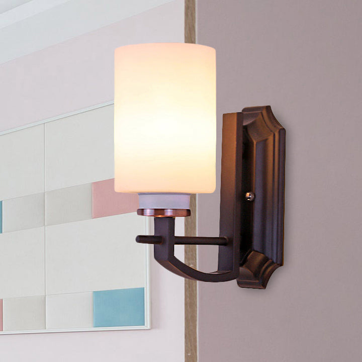 Skørter | Milky Glass Cylinder Wall Lamp Antique 1/2-Cap Living Room Wall Lighting Fixture in Black