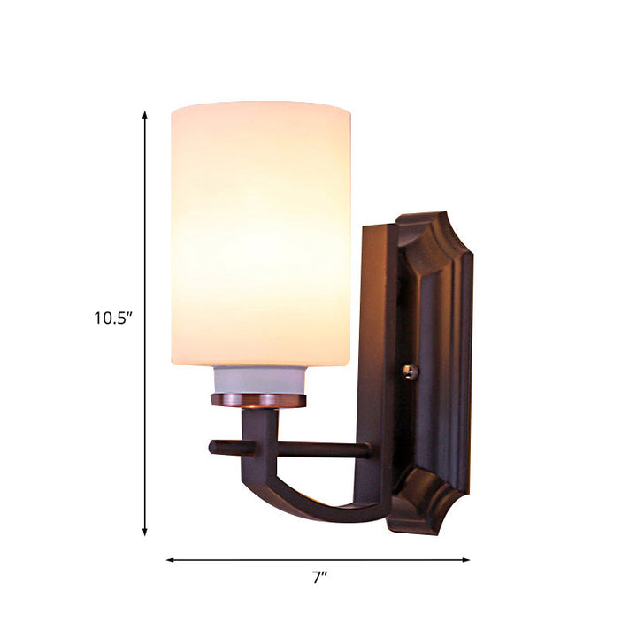 Skørter | Milky Glass Cylinder Wall Lamp Antique 1/2-Cap Living Room Wall Lighting Fixture in Black